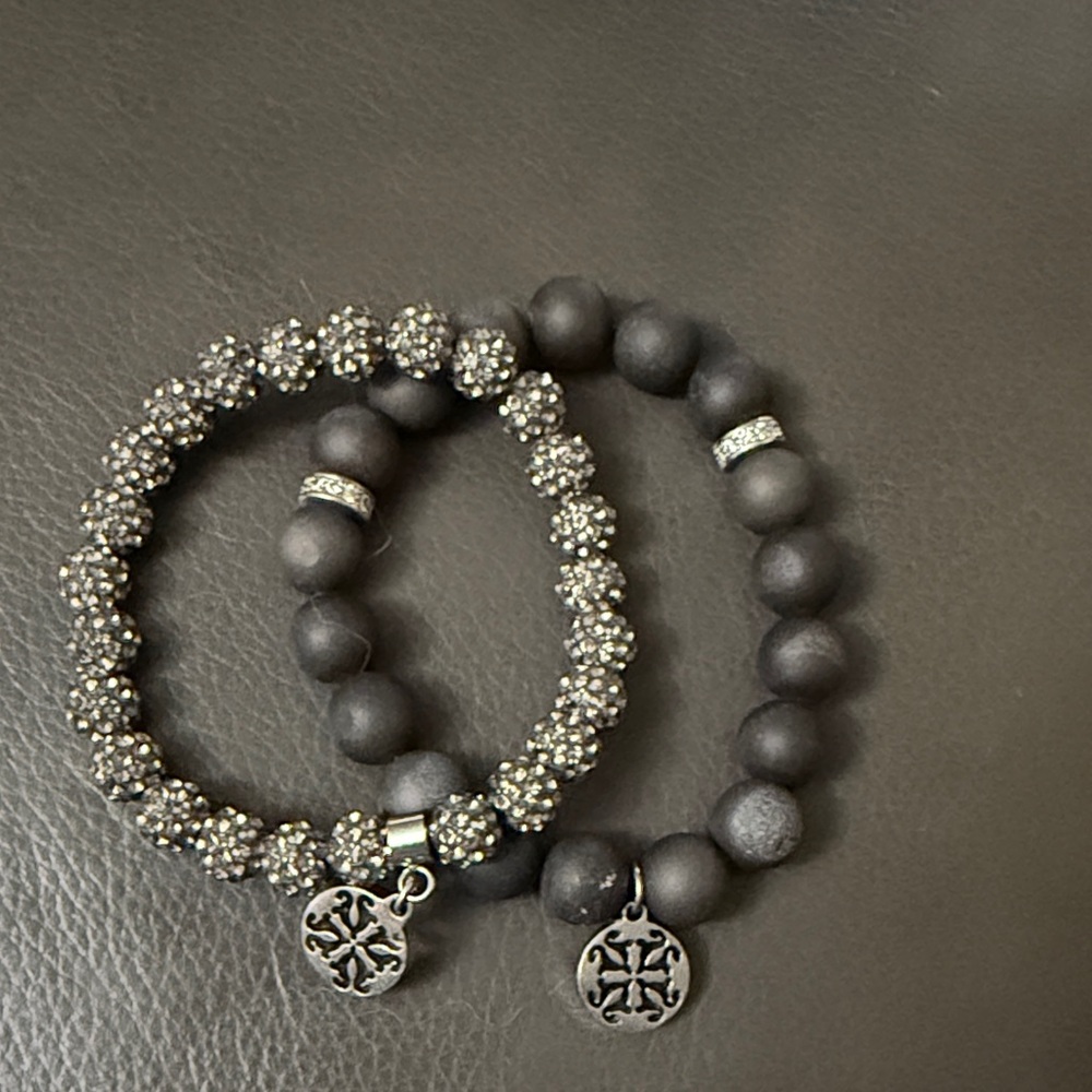 Rustic Cuff Black and Silver Beaded Stretch Bracelets